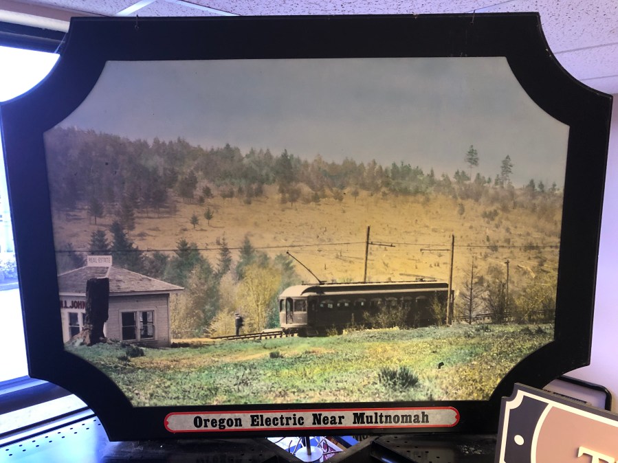 Lambs Thriftway colorized photos 2020 - Oregon Electric, probably midway from Multnomah to Garden Home, hill to the south
