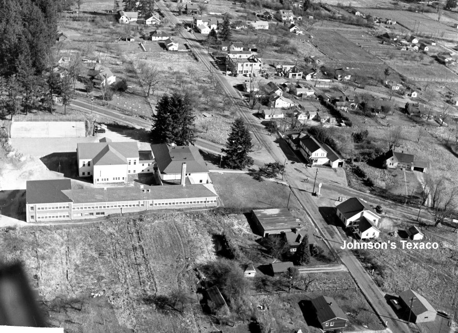 1954 Aerial photo of Garden Home School and Gust Johnson's Texaco station