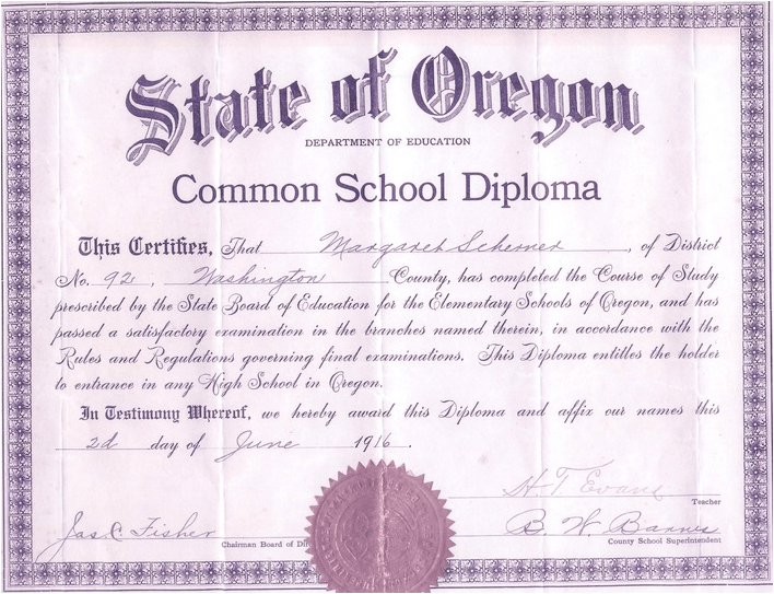 Margaret Scherner’s Garden Home School eighth grade graduation diploma