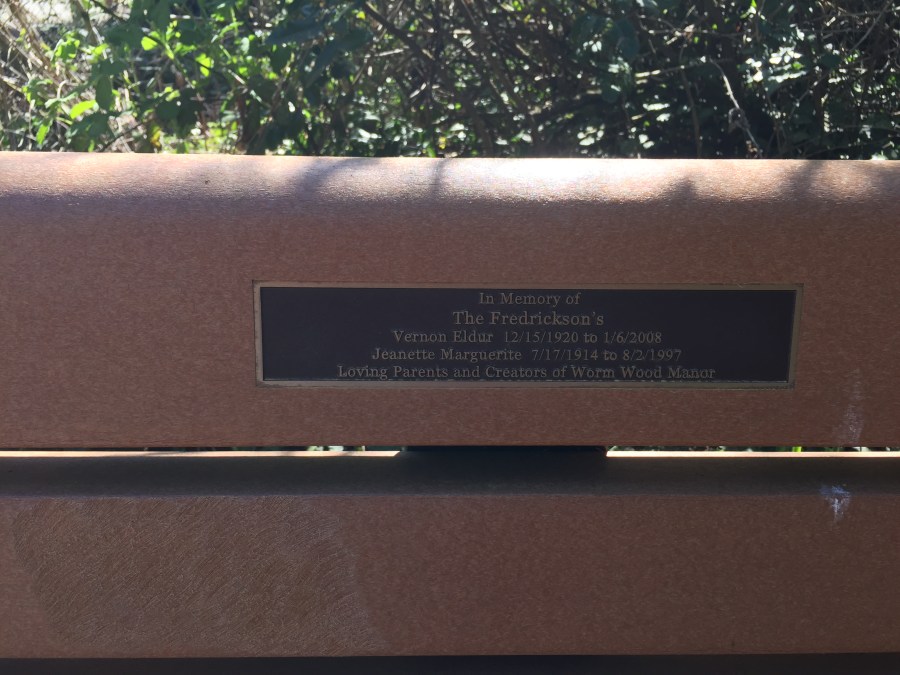 Fredrickson memorial bench inscription - at SW 78th and the Fanno Creek Trail, near the Fredrickson Wormwood Manor