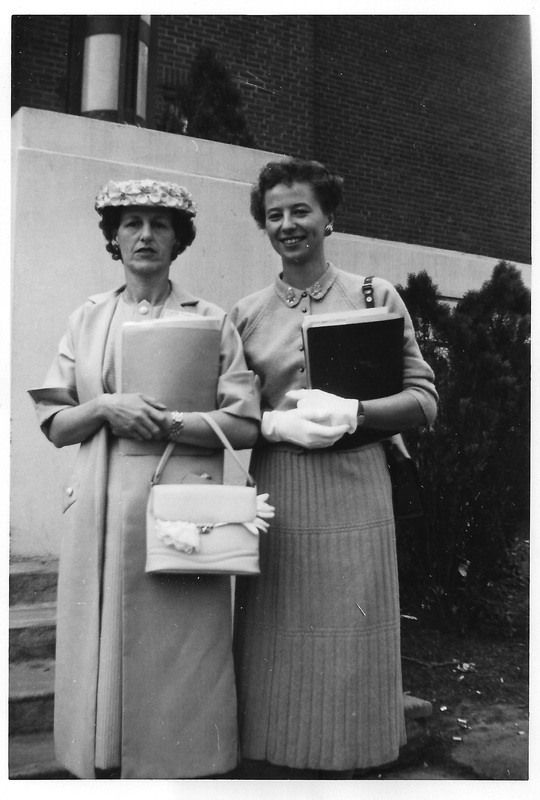 1957 Garden Home School PTA members Mrs. Byron Meisner and Mrs. Ward Nelson at a PTA event in Pendleton, Oregon