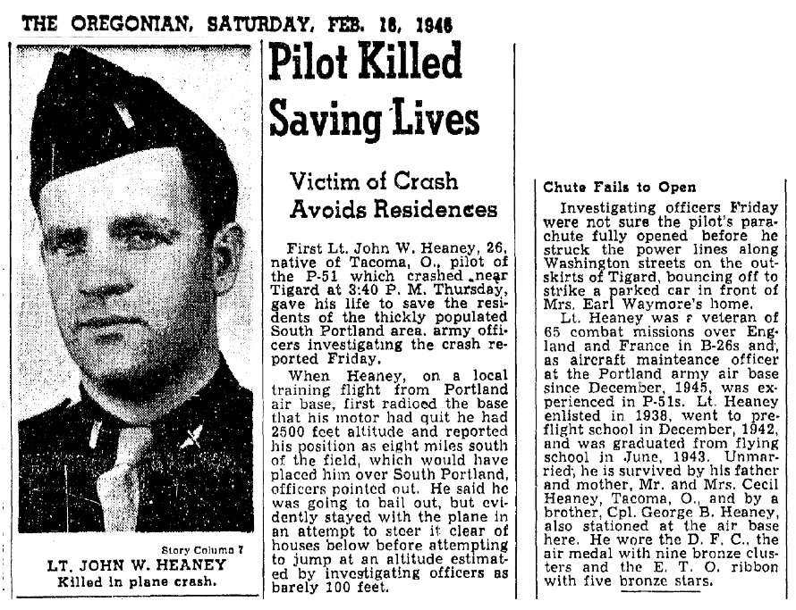 1946 Fighter plane crash in Tigard, news report in The Oregonian