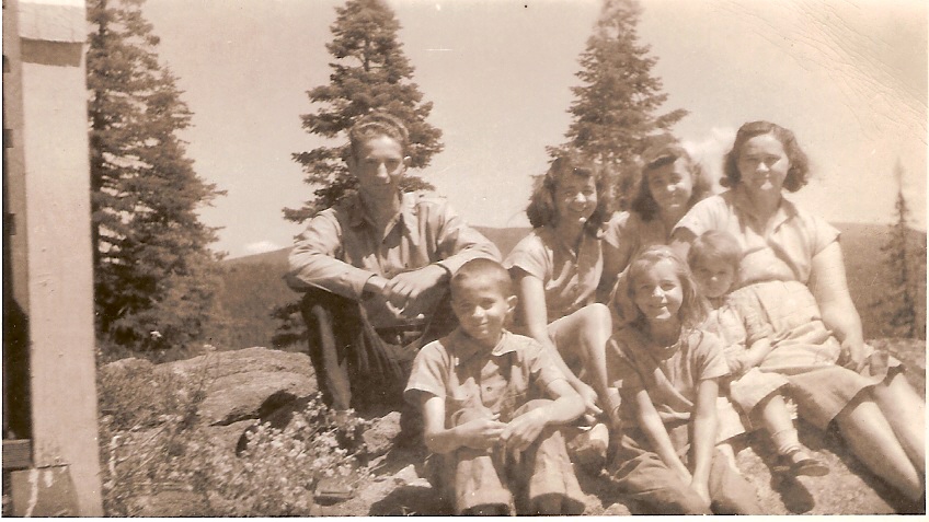 Jack Steele's six siblings. Donald, Joyce, June, mother Charity. Front: Bruce, Wanda, Crystal Steele. Courtesy Jack Steele. See post.