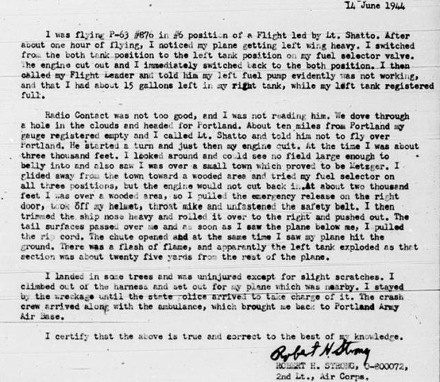 2nd. Lt. Strong's report