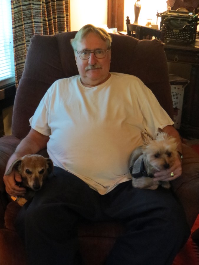 Jan Fredrickson and his dogs J.R. and Huesos, 2015
