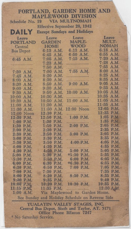 Tualatin Valley Stages schedule 1942 - Daily