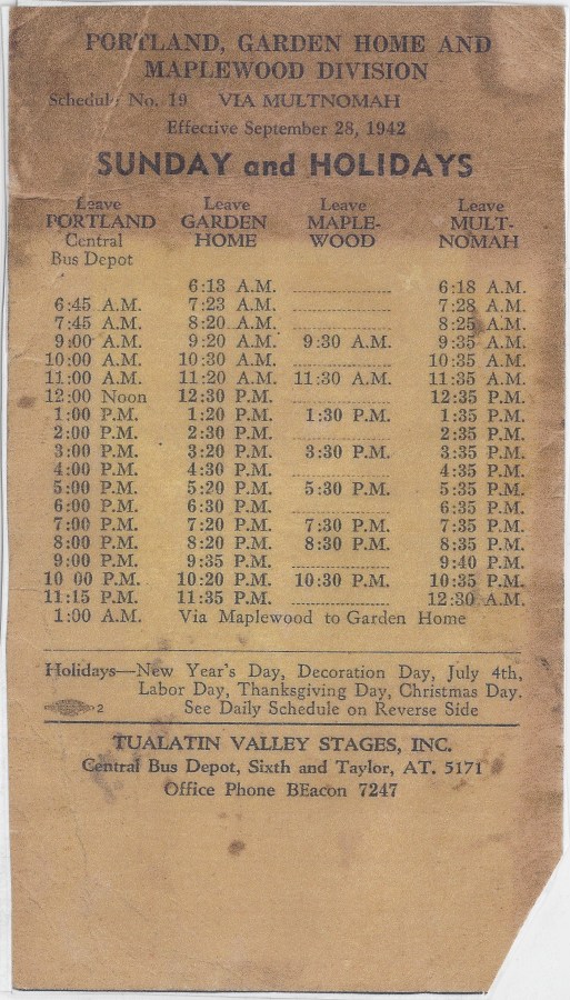 Tualatin Valley Stages schedule 1942 - Sundays and Holidays