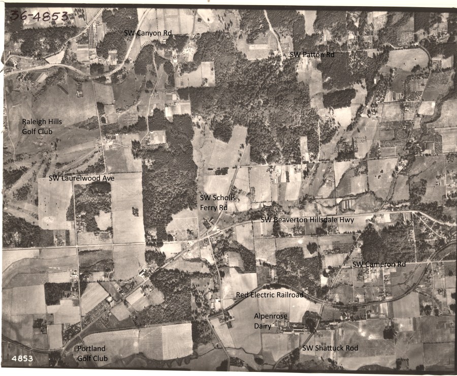 Alpenrose Dairy and Five Corners intersection - 1936 Army Corps of Engineers aerial photo (annotated)
