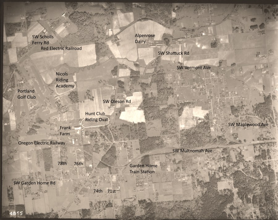 SW Garden Home intersection and train station - 1936 Army Corps of Engineers aerial photo (annotated)