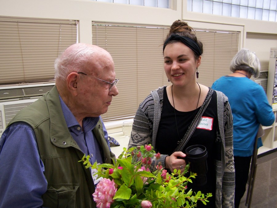Garden Home School prinicipal Don Dunbar speaking with Lavender Shreve - History Society Roundtable May 18, 2018