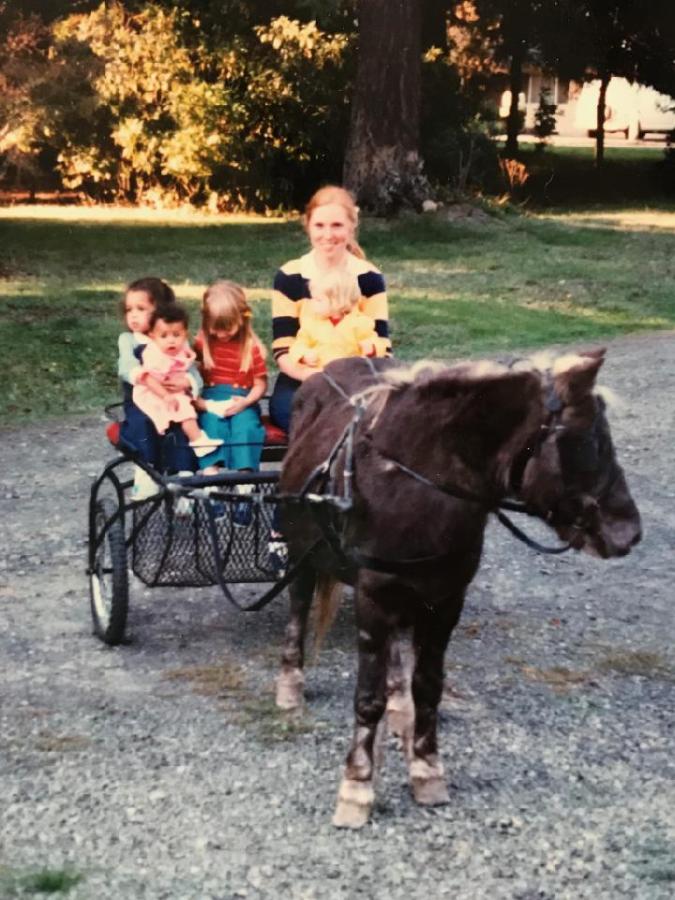 Glory, the pony, with Jacki Wisher's sister Kathy Lane as the driver with two neighborhood girls, Nikki and Mari. Probably 1964 or 1965.