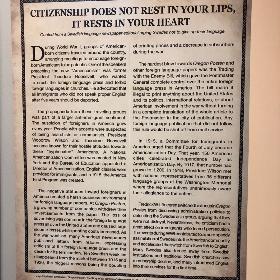 Nordia house event 6-2019 - From Sweden to Oregon exhibit - Citizenship