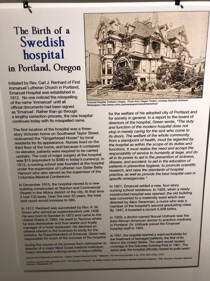 Nordia house event 6-2019 - From Sweden to Oregon exhibit - Swedish hospital