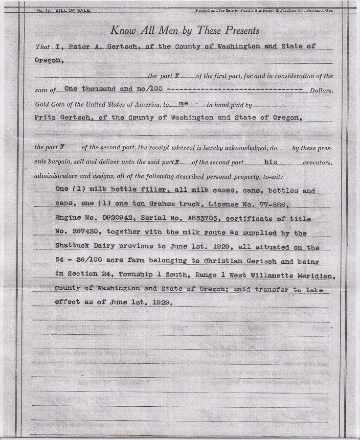 1929 sale by Peter Gertsch of milk route and equipment (part 1)