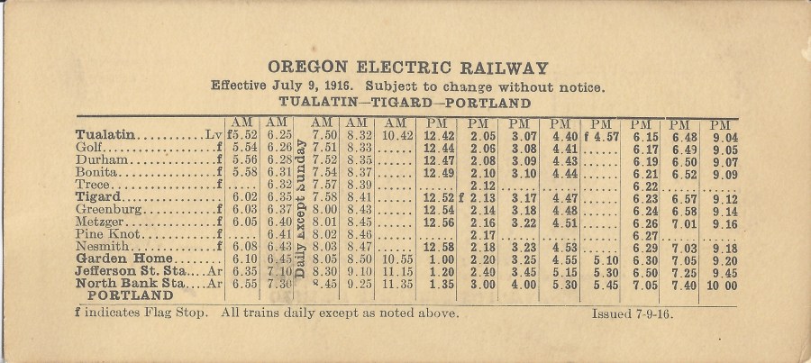 1916 Oregon Electric schedule - side A