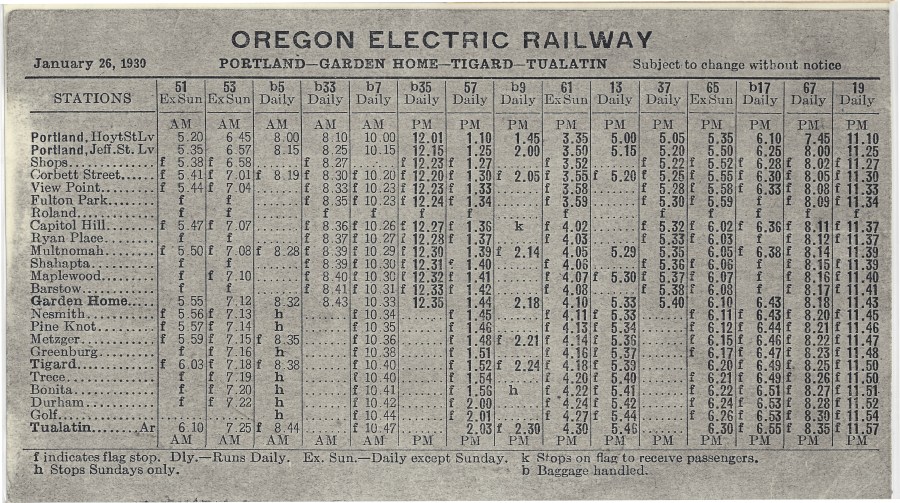 1930 Oregon Electric schedule - Side A