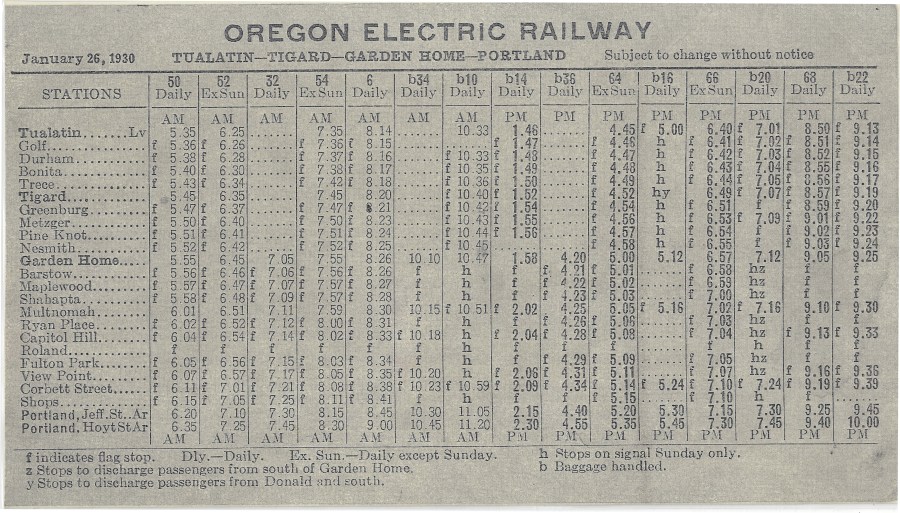 1930 Oregon Electric schedule - Side B