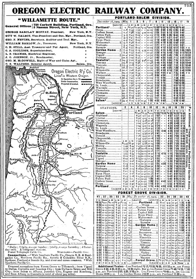 Oregon Electric Railway - Willamette Route 1910 schedule