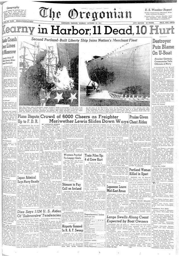 Oregonian Monday Oct 20, 1941 - front page
