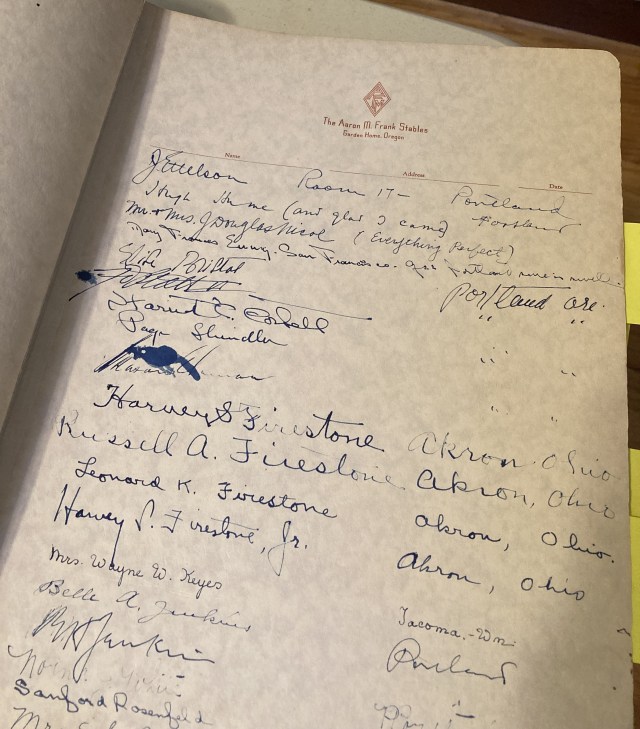 Aaron Frank stable guestbook - Harvey and Russel Firestone signatures