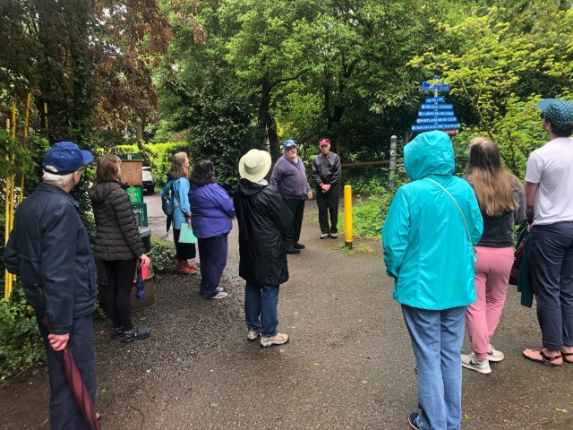 Jan Fredrickson describing Firlock Station on the Fanno Creek Trail history walk, May 2022