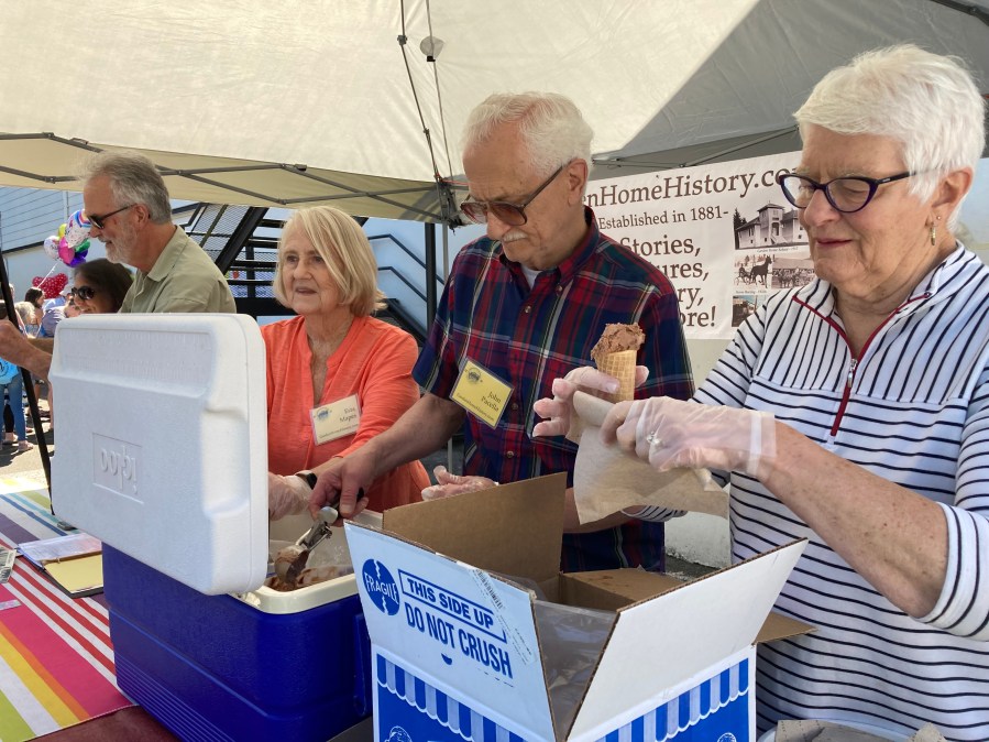 Esta Mapes, John Pacella, and Patsy VandeVenter serving ice cream- Garden Home Library 40th Anniversary June 3, 2023